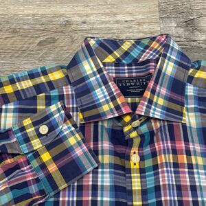 Charles Tyrwhitt Madras Plaid Pink Yellow Blue Men L Long Sleeve Button Up Shirt